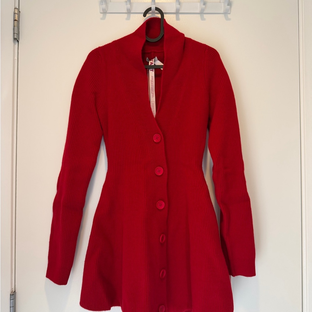 House of CB Red Ribbed Button-Front Long Cardigan